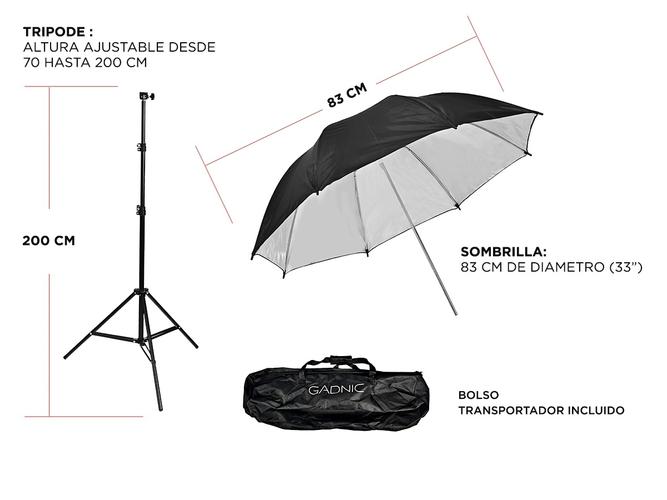 Kit Estudio Fotografia 2 Tripodes 2mts + 4 Sombrillas Blancas Negras + 2 Portalamparas - 4