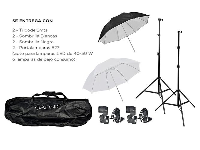 Kit Estudio Fotografia 2 Tripodes 2mts + 4 Sombrillas Blancas Negras + 2 Portalamparas - 5