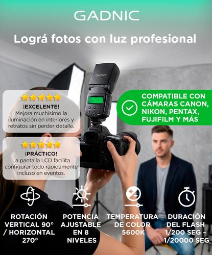 Flash Fotográfico Gadnic Con Rotación Horizontal 270° y Vertical 90° Compatibilidad Universal Canon Nikon Fujifilm Pentax - 1