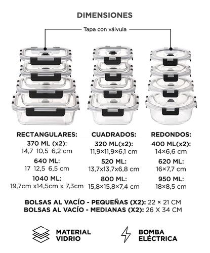 Set X12 Contenedores Herméticos De Vidrio Gadnic  bomba de vacio electrica recargable  5 Bolsas plásticas de vacío - 5
