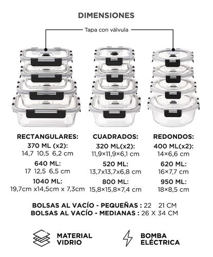 Set X12 Contenedores Herméticos De Vidrio Gadnic  bomba de vacio electrica recargable  5 Bolsas plásticas de vacío - 5