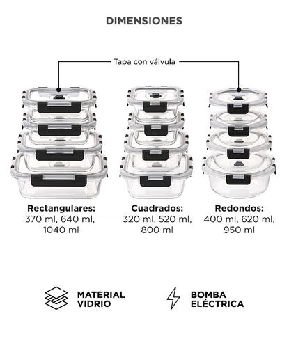 Set X12 Contenedores Herméticos De Vidrio Gadnic  bomba de vacio electrica recargable  5 Bolsas plásticas de vacío - 5