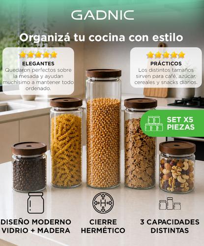 Set Frascos De Vidrio Con Tapa De Madera Gadnic Cierre Hermético Cocina 5 Unidades  - 1