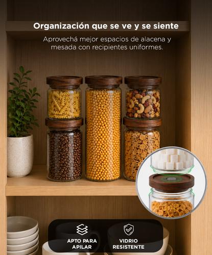 Set Frascos De Vidrio Con Tapa De Madera Gadnic Cierre Hermético Cocina 5 Unidades  - 3