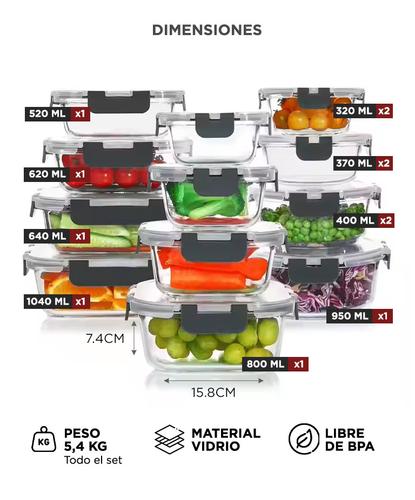 Set x12 Taper Contenedor Hermético De Vidrio Gadnic Apto Microondas Horno Freezer Heladera  - 3