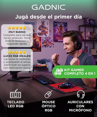 Kit Gamer 4 en 1 Gadnic Teclado LED RGB Conexion 20  Mouse Óptico Gamer 1200 DPI 3 Botones LED  Auriculares Estéreo 32 Ohm 20Hz a 20000Hz Micrófono  Mouse Pad Antideslizante Tela Goma - 1