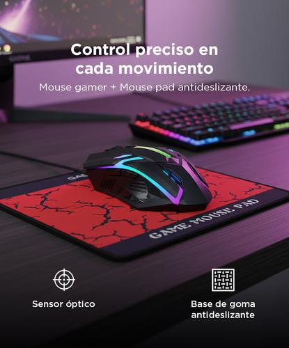 Kit Gamer 4 en 1 Gadnic Teclado LED RGB Conexion 20  Mouse Óptico Gamer 1200 DPI 3 Botones LED  Auriculares Estéreo 32 Ohm 20Hz a 20000Hz Micrófono  Mouse Pad Antideslizante Tela Goma - 3