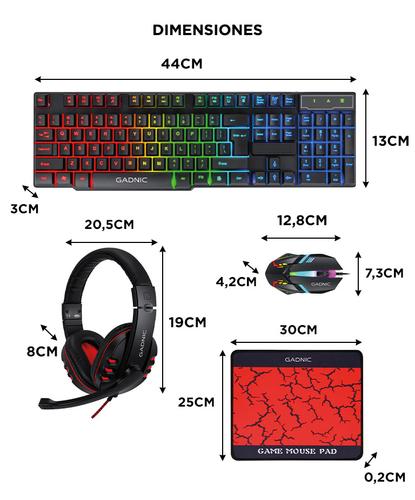 Kit Gamer 4 en 1 Gadnic Teclado LED RGB Conexion 20  Mouse Óptico Gamer 1200 DPI 3 Botones LED  Auriculares Estéreo 32 Ohm 20Hz a 20000Hz Micrófono  Mouse Pad Antideslizante Tela Goma - 5