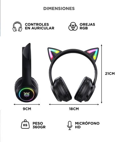 Auriculares Gamer inalámbricos Onikuma B90 Orejas Gato Luz Led Negro - 3