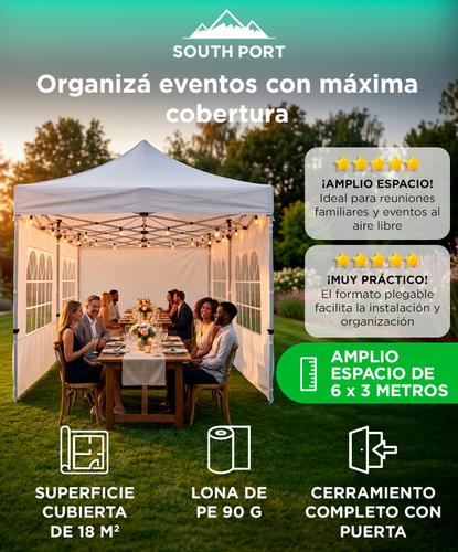 Gazebo 6 x 3 Metros South Port By Gadnic Plegable, Para Eventos, 4 Ventanas, 1 Pared, 1 Puerta, Lona PE Impermeable, Exterior  - 1