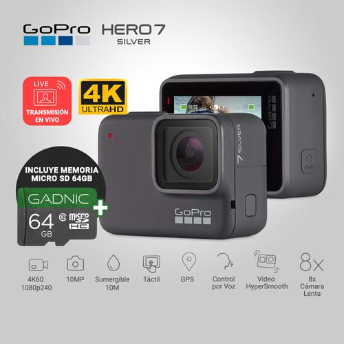 Cámara Gopro Hero 7 Silver 4k + MicroSD GADNIC 64GB - 1