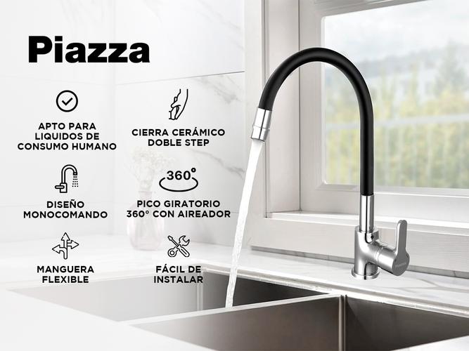 Griferia Piazza Cocina Monocomando Gourmet Emblem Negro Flexible  - 1