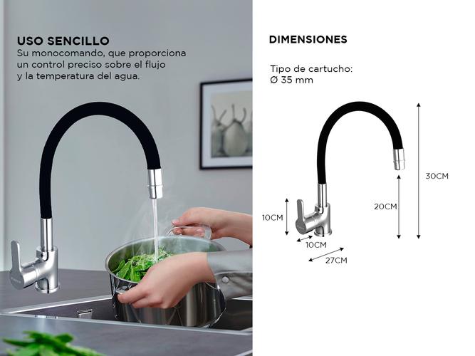Griferia Piazza Cocina Monocomando Gourmet Emblem Negro Flexible  - 4