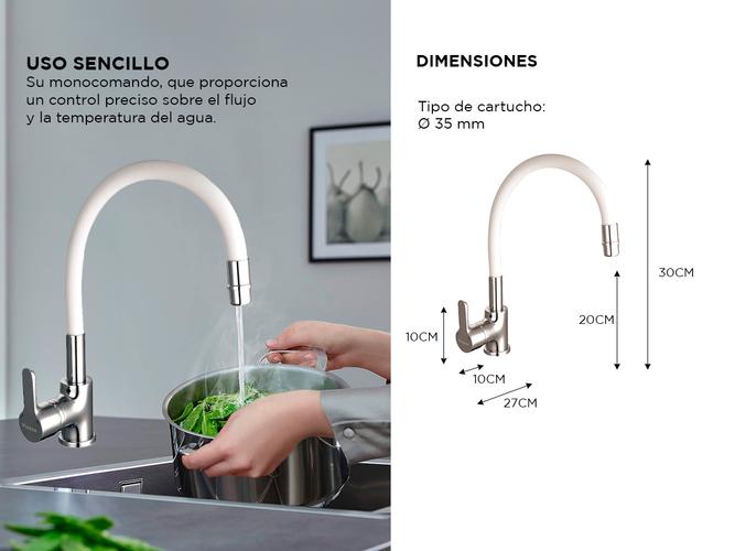 Griferia Piazza Cocina Monocomando Gourmet Emblem Blanco Flexible  - 4
