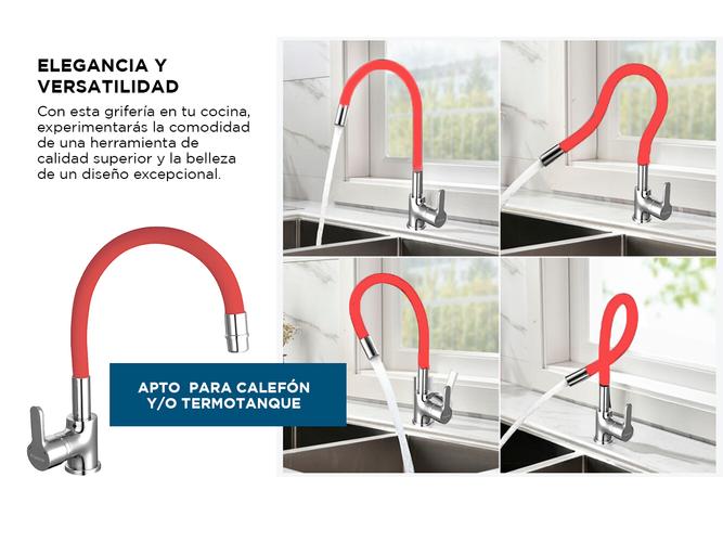 Griferia Piazza Cocina Monocomando Gourmet Emblem Rojo Flexible  - 3