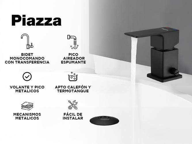 Combo Kit Griferia Piazza Arq Negro Lavatorio Bajo Ducha Bidet Baño - 3