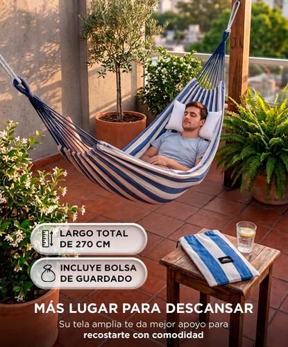 Hamaca Paraguaya South Port Gadnic 200 Kg 270 X 150 Cm Lona Con Fibra De Poliéster Azul Y Blanca Con 2 Sogas Y Bolsa - 2