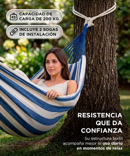 Hamaca Paraguaya South Port Gadnic 200 Kg 270 X 150 Cm Lona Con Fibra De Poliéster Azul Y Blanca Con 2 Sogas Y Bolsa - 3