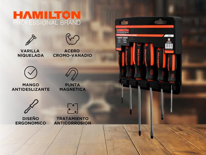 Set Destornilladores Hamilton Philips Planos Acero Ergonomicos Punta Magnetica - 1
