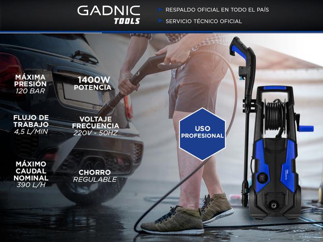 Hidrolavadora Gadnic KP2000 Alta Presión Gadnic 1400w 120 Bar Con Ruedas y Carretel  - 1