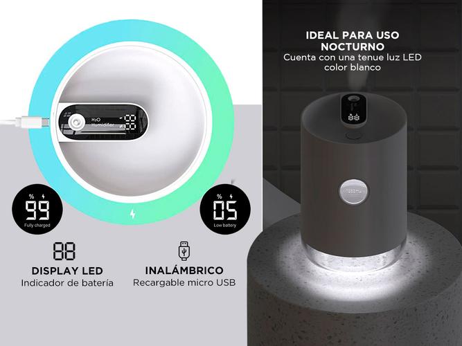 Humidificador 1 L Ultrasonico Recargable Led - 3