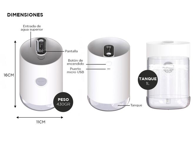 Humidificador 1 L Ultrasonico Recargable Led - 5