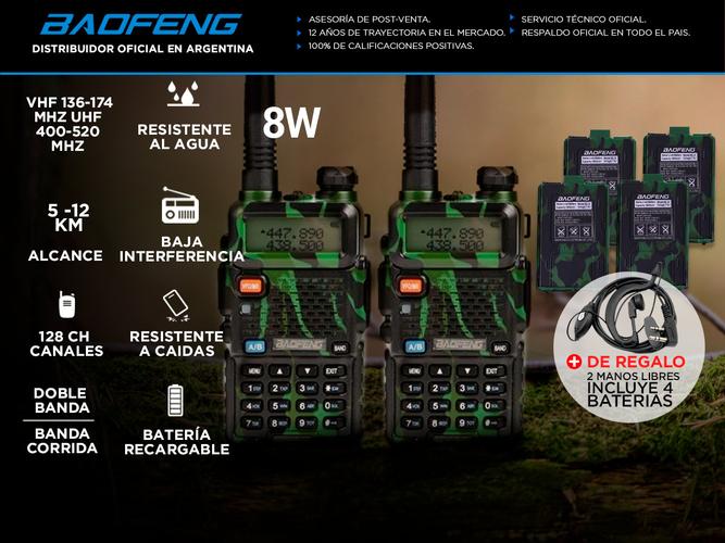 Handy Baofeng UV-5R 8w Camuflado Bi-Banda Kit x2 Hasta 12km + 4 Baterías y 2 Manos Libres - 1