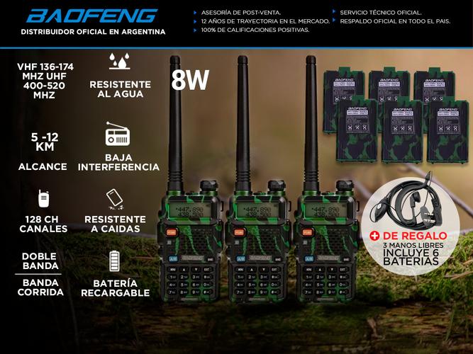 Handy Baofeng UV-5R 8w Camuflado Bi-Banda Kit x3 Hasta 12km + 6 Baterías y 3 Manos Libres - 1