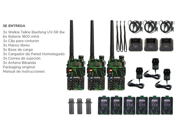 Handy Baofeng UV-5R 8w Camuflado Bi-Banda Kit x3 Hasta 12km + 6 Baterías y 3 Manos Libres - 5