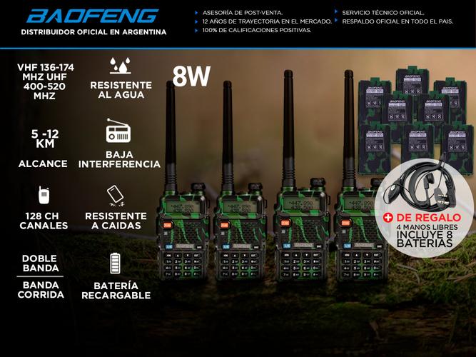 Handy Baofeng UV-5R 8w Camuflado Bi-Banda Kit x4 Hasta 12km + 8 Baterías y 4 Manos Libres - 1
