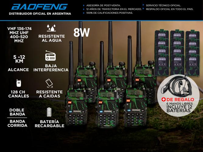 Handy Baofeng UV-5R 8w Camuflado Bi-Banda Kit x6 Hasta 12km + 12 Baterías y 6 Manos Libres - 1