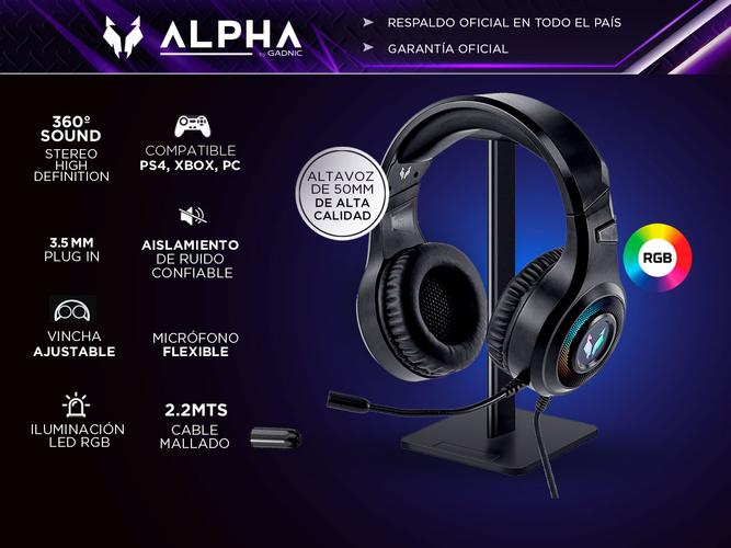 Kit auriculares Gamer Gadnic  Alpha A9000 Play Microfono Luz RGB + Base Soporte Gaming - 1