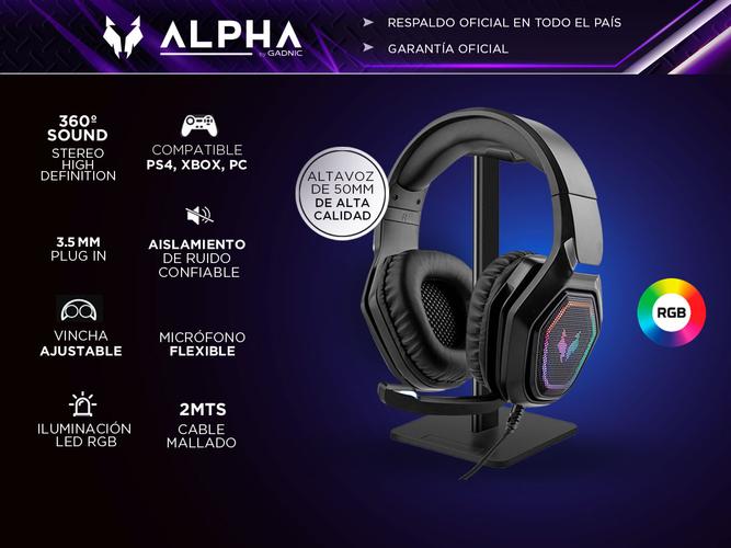 Kit auriculares Gamer Gadnic Alpha A8800 Play Microfono Luz RGB + Base Soporte Gaming - 1
