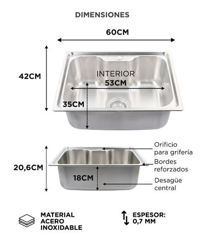 Bacha Cocina Rieti By Gadnic 60x42x20 cm Acero Inoxidable SUS 201 Espesor 07 mm Instalacion Sobre Mesada - 5