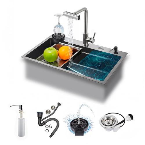 Bacha Cocina Inteligente Rieti By Gadnic 75cm Acero SUS304 Griferia Extensible Multifuncion Con Lavacopas Y Accesorios - 0