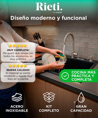 Bacha De Cocina Rieti By Gadnic Acero Inoxidable Kit Completo Negro Cromado - 1