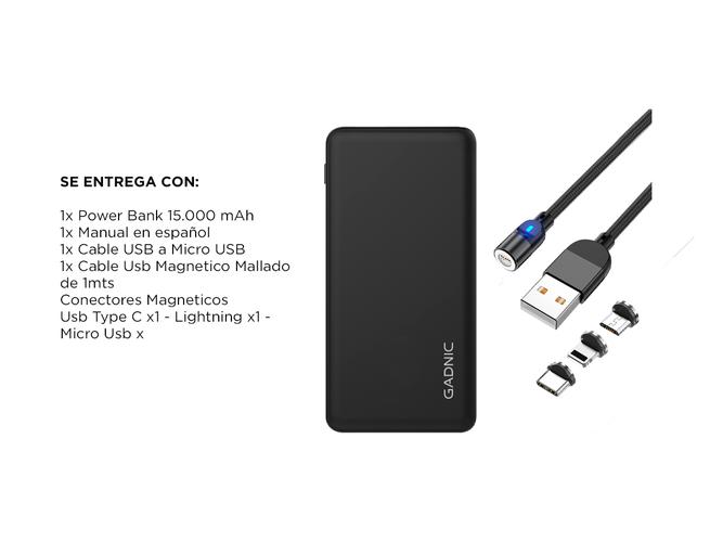 Kit Power Bank 15000 Mah + Cable Magnetico USB Lightning Type c - 6