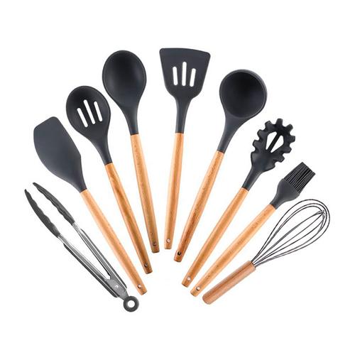 Set x 9 Kit Utensilios De Cocina GADNIC BLACK2.0 Mango Madera Punta Silicona - 0