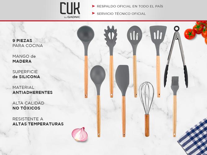 Set x 9 Kit Utensilios De Cocina GADNIC BLACK2.0 Mango Madera Punta Silicona - 1