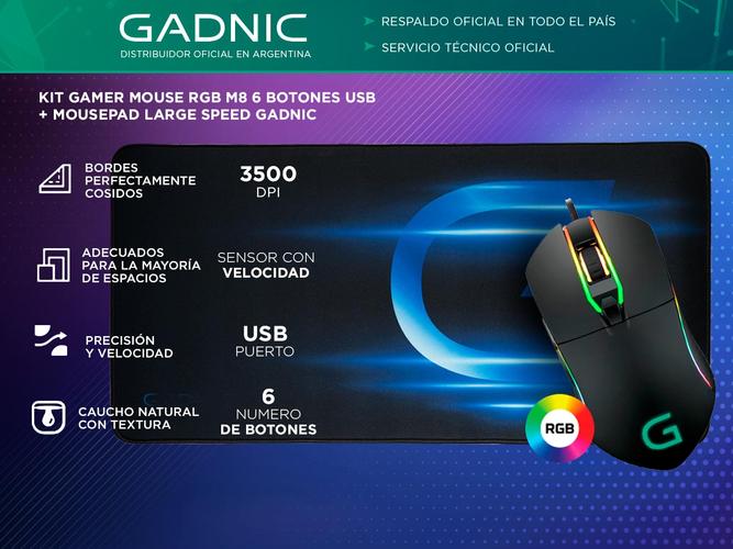 Kit Gamer Mouse RGB M8 6 Botones Usb Gadnic + Mousepad Large Speed Gadnic - 1
