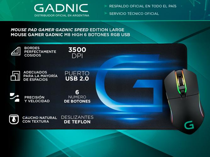 Kit Gamer Mouse RGB M8 6 Botones Usb Gadnic + Mousepad Extra Large Speed Gadnic - 1