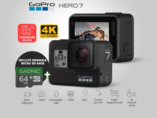 Cámara Deportiva GoPro Hero 7 Black + MicroSD Gadnic 64GB - 1