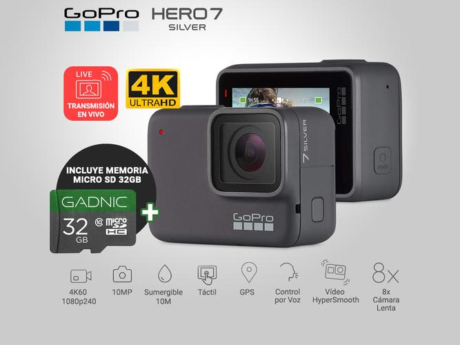 Cámara Gopro Hero 7 Silver 4k + MicroSD Gadnic 32GB - 1