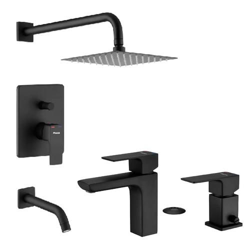 Combo Kit Griferia Piazza Arq Negro Lavatorio Bajo Ducha Bidet Baño - 0