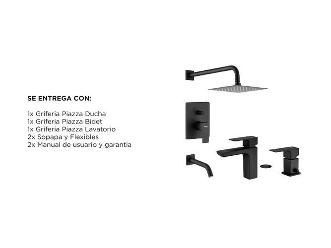 Combo Kit Griferia Piazza Arq Negro Lavatorio Bajo Ducha Bidet Baño - 6