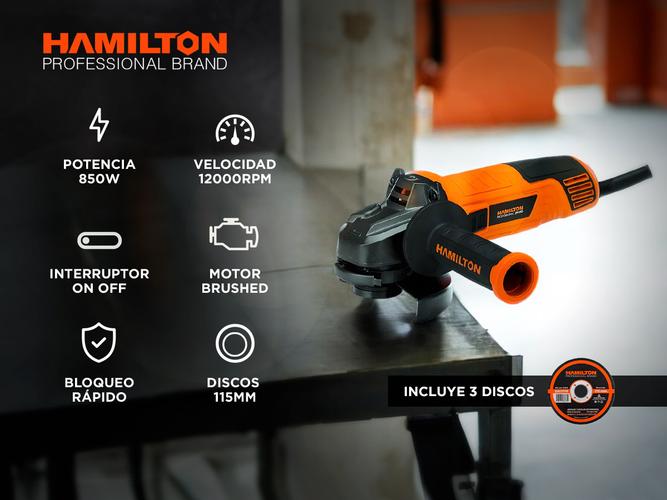 Amoladora Electrica Hamilton 850w  3 Discos Corte Plano 115mm - 1