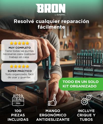 Kit Herramientas 100 Piezas BRON by Gadnic Destornilladores Crique Puntas Tubos Soporte Organizador Completo - 1