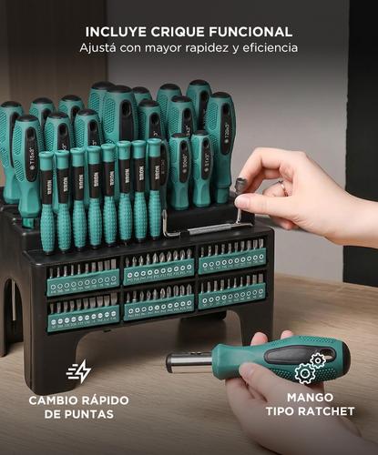 Kit Herramientas 100 Piezas BRON by Gadnic Destornilladores Crique Puntas Tubos Soporte Organizador Completo - 4