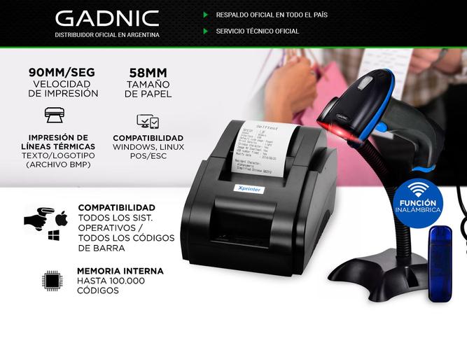 Kit Gadnic Lector Código de Barras Inalámbrico + Impresora Térmica XP-58IIH - 1