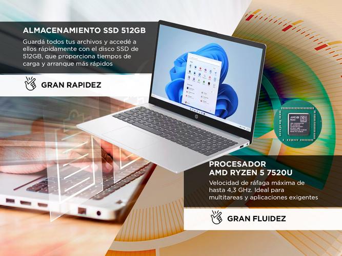 Notebook HP 15-FC0041 AMD Ryzen 5 7520U 512GB SSD 8GB 156 1920x1080 WIN11 NATURAL SILVER  - 2